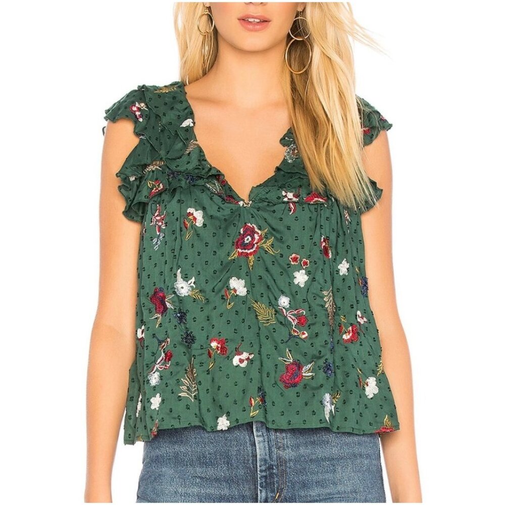 Tularosa Annette Embroidered Sequin Ruffle Tank Top Blouse | Green | Size Small